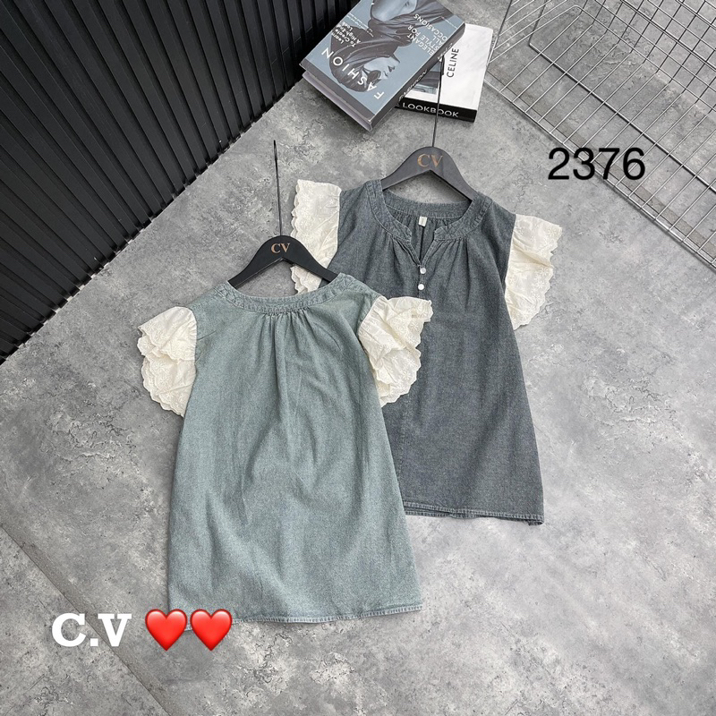 ÁO JEAN DENIM PHỐI TAY BÈO HOA THÔ KHUY NGỌC CHẤT BÒ GIẤY MỀM MÁT.