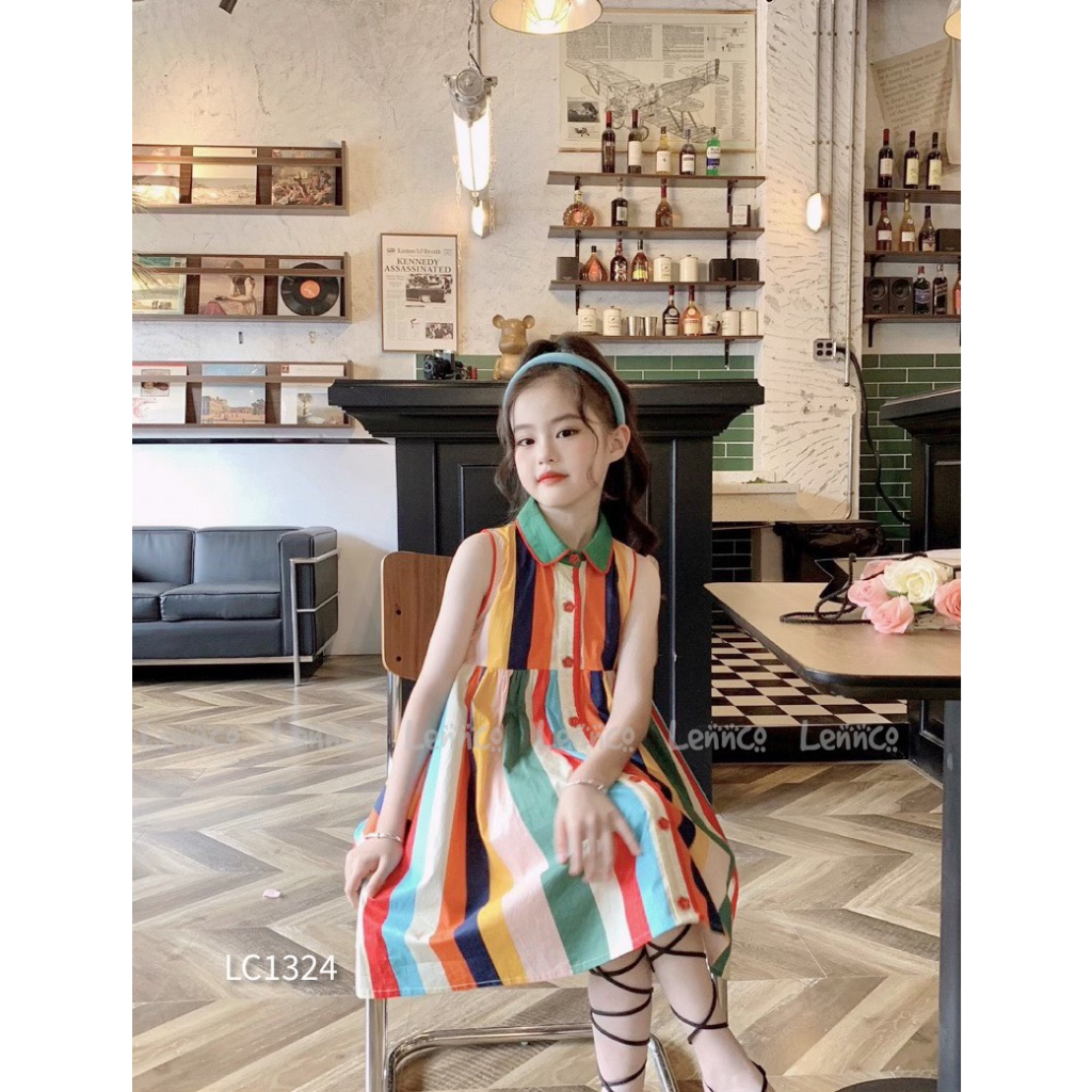 Váy Lennco sát nách cổ sen kẻ sọc nhiều màu cho bé gái