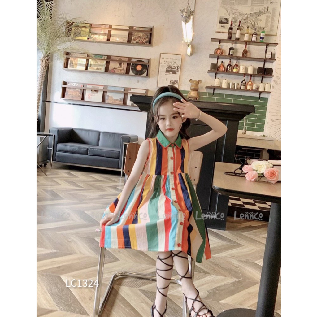 Váy Lennco sát nách cổ sen kẻ sọc nhiều màu cho bé gái