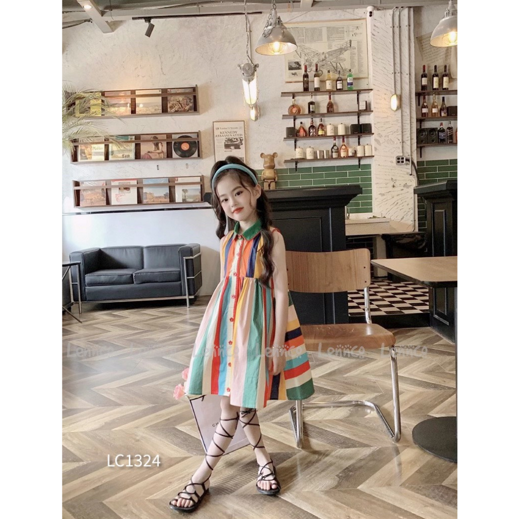 Váy Lennco sát nách cổ sen kẻ sọc nhiều màu cho bé gái