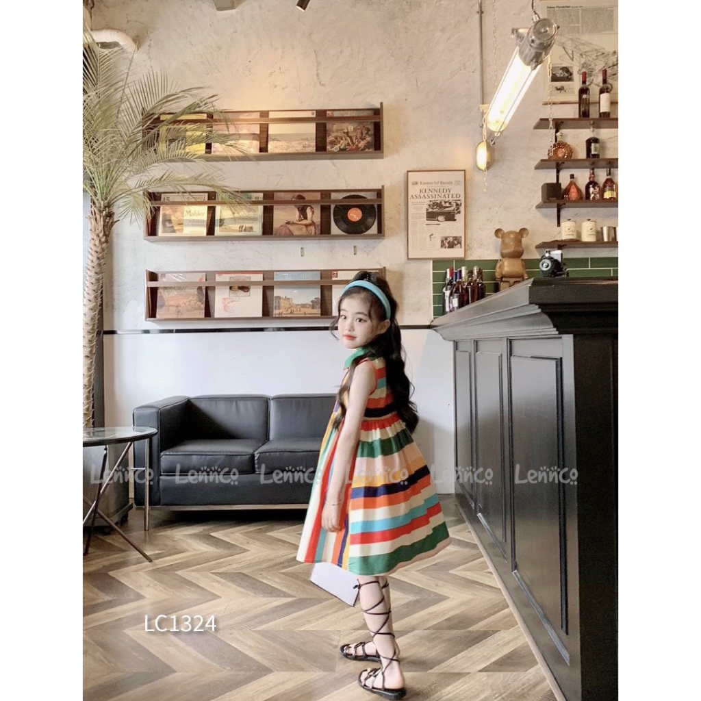 Váy Lennco sát nách cổ sen kẻ sọc nhiều màu cho bé gái