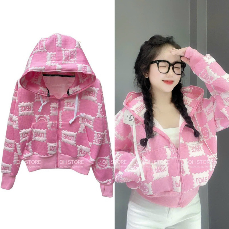 Áo Khoác Xốp Dập Kim Tay Dài Croptop Có Nón Hoạ Tiết LOVE SỌC Ô LỚN kèm ảnh thật