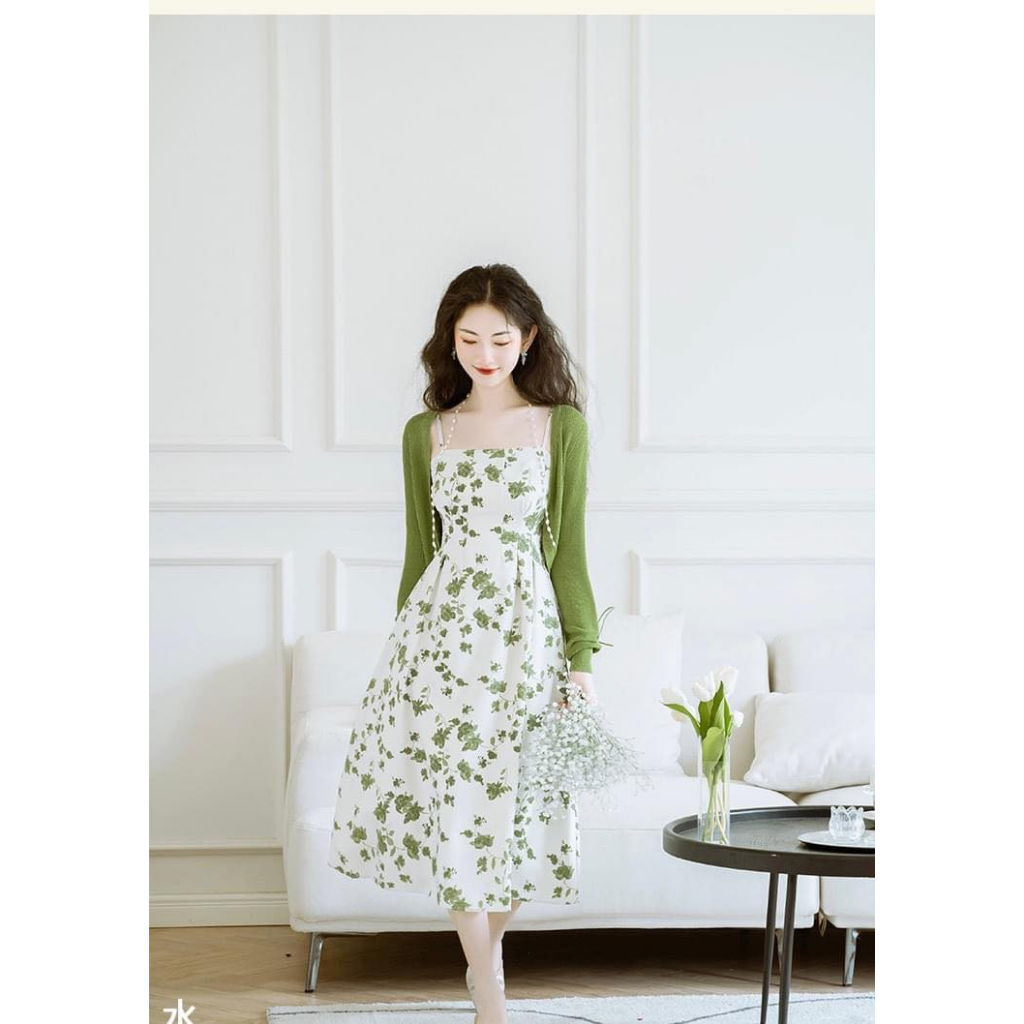 Đầm 2 Dây Hoa Nhí Xanh