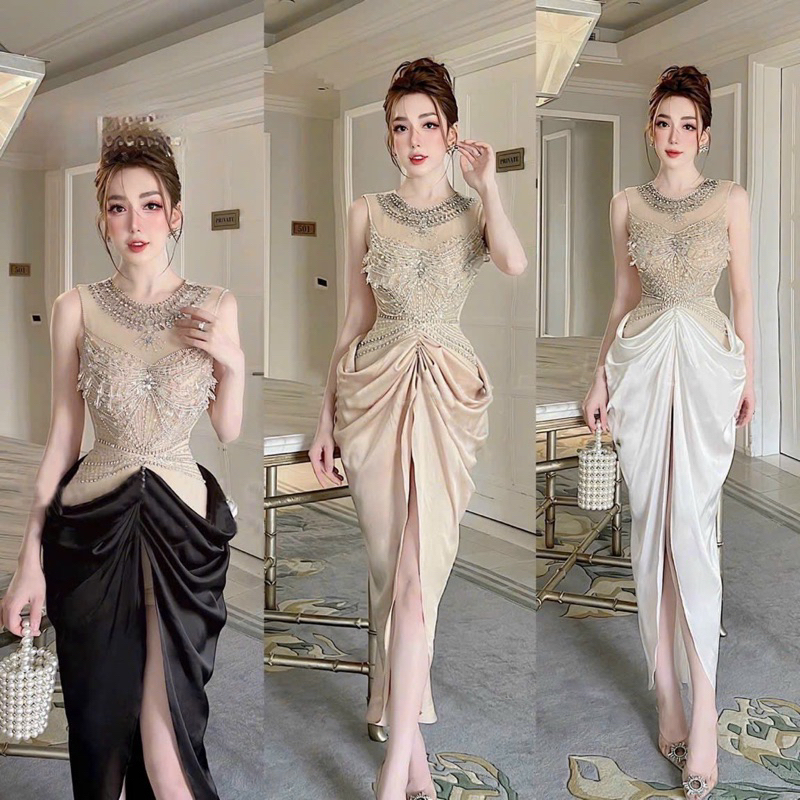 Đầm dự tiệc body TRIPBLE T DRESS xẻ đùi cổ tròn kết đá sang trọng- MS282V - Size S/M/L