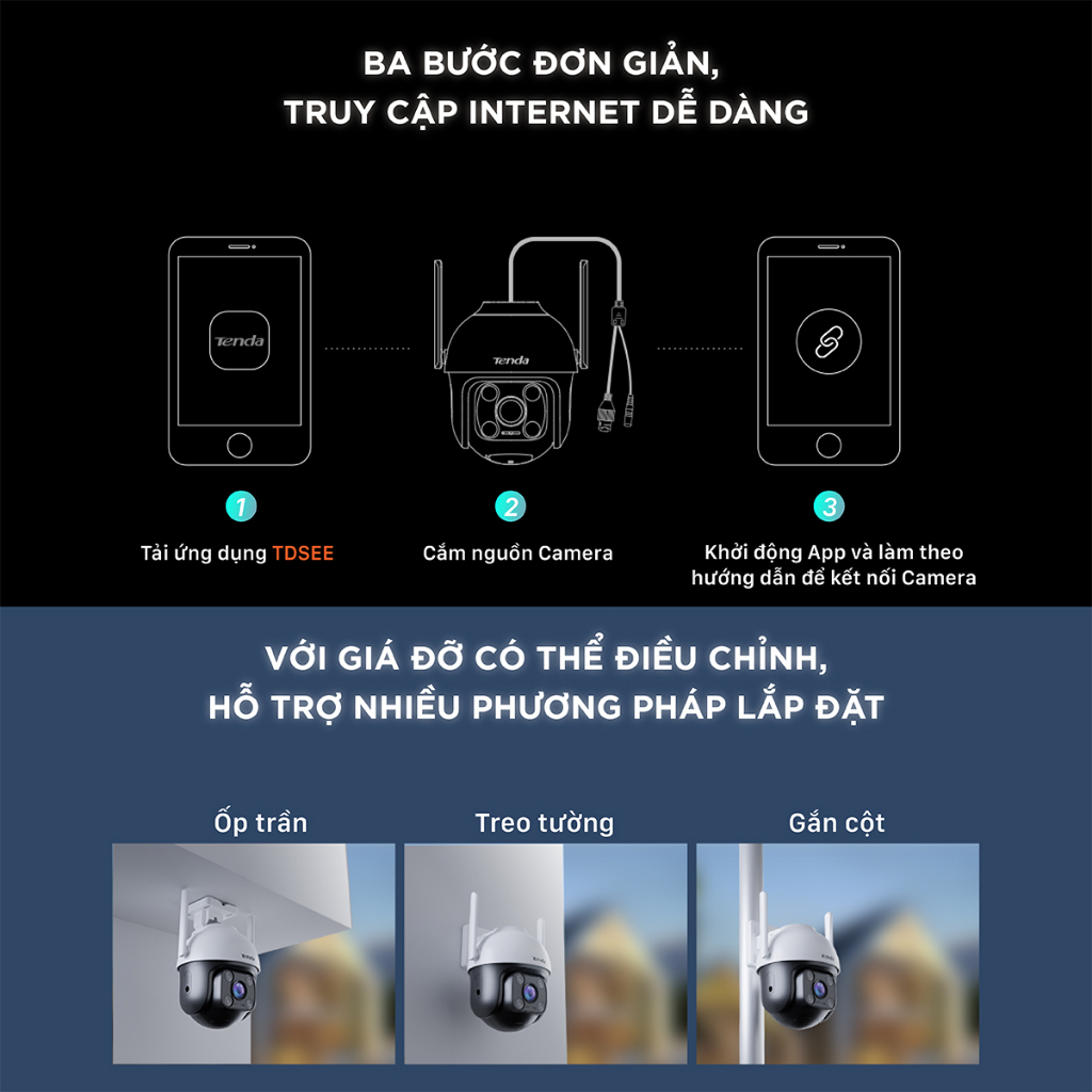 Camera wifi ngoài trời Tenda CH3-WCA Full HD 1080P, quay quét 360 độ, ghi màu ban đêm, đàm thoại 2 chiều, chính hãng