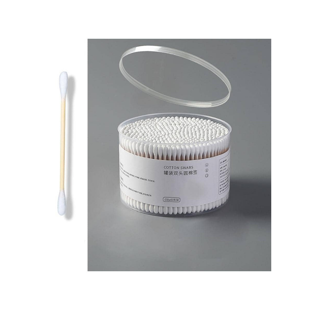 Hộp 500 Tăm Bông Ráy Tay Cotton 2 Đầu, Thiết Kế Thân Gỗ Tiện Lợi, Đa Năng, Tăm Bông Cotton Vệ Sinh 2 Đầu An Dễ Sử Dụng