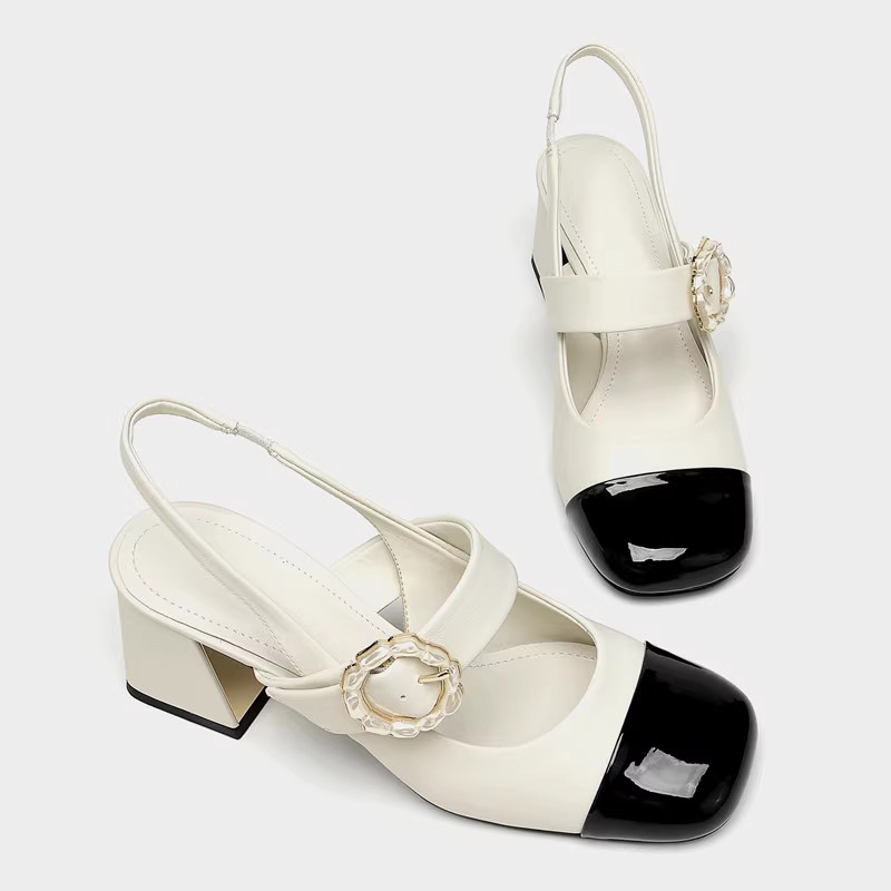 Giày Marry Jane Nữ Guốc Cao Gót búp bê Cnk Gót vuông mũi vuông quai ngang đính khuy hoa tròn cao 6cm Ailee