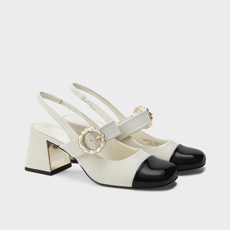 Giày Marry Jane Nữ Guốc Cao Gót búp bê Cnk Gót vuông mũi vuông quai ngang đính khuy hoa tròn cao 6cm Ailee