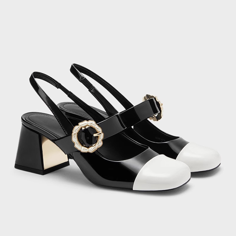 Giày Marry Jane Nữ Guốc Cao Gót búp bê Cnk Gót vuông mũi vuông quai ngang đính khuy hoa tròn cao 6cm Ailee