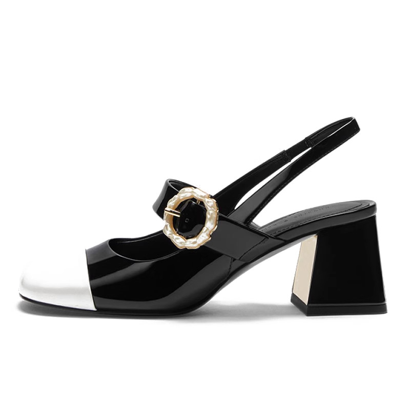 Giày Marry Jane Nữ Guốc Cao Gót búp bê Cnk Gót vuông mũi vuông quai ngang đính khuy hoa tròn cao 6cm Ailee