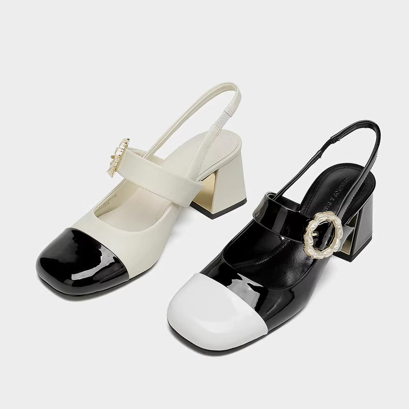 Giày Marry Jane Nữ Guốc Cao Gót búp bê Cnk Gót vuông mũi vuông quai ngang đính khuy hoa tròn cao 6cm Ailee