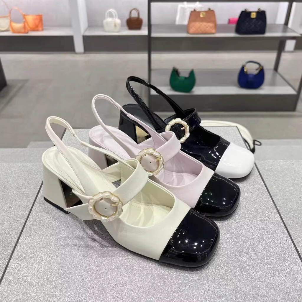 Giày Marry Jane Nữ Guốc Cao Gót búp bê Cnk Gót vuông mũi vuông quai ngang đính khuy hoa tròn cao 6cm Ailee