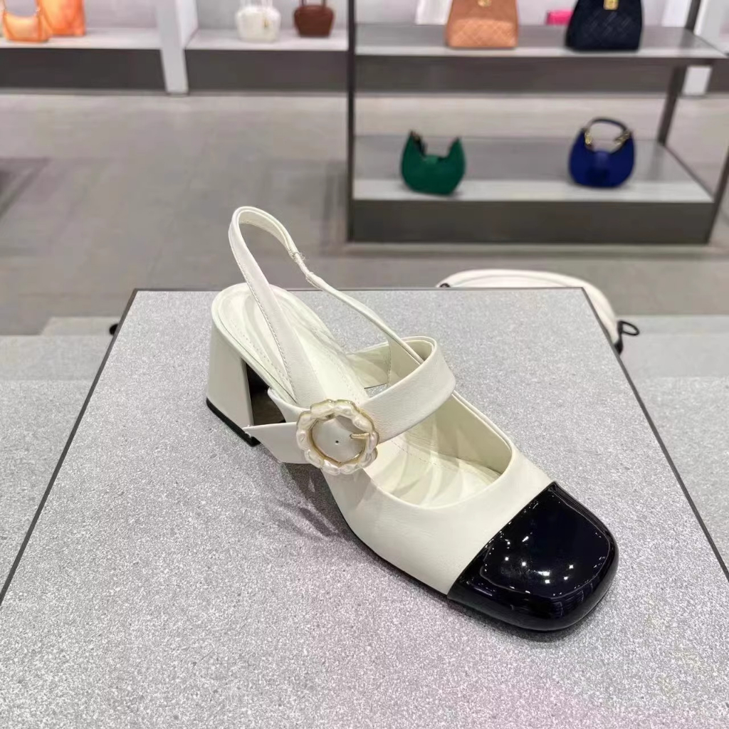 Giày Marry Jane Nữ Guốc Cao Gót búp bê Cnk Gót vuông mũi vuông quai ngang đính khuy hoa tròn cao 6cm Ailee