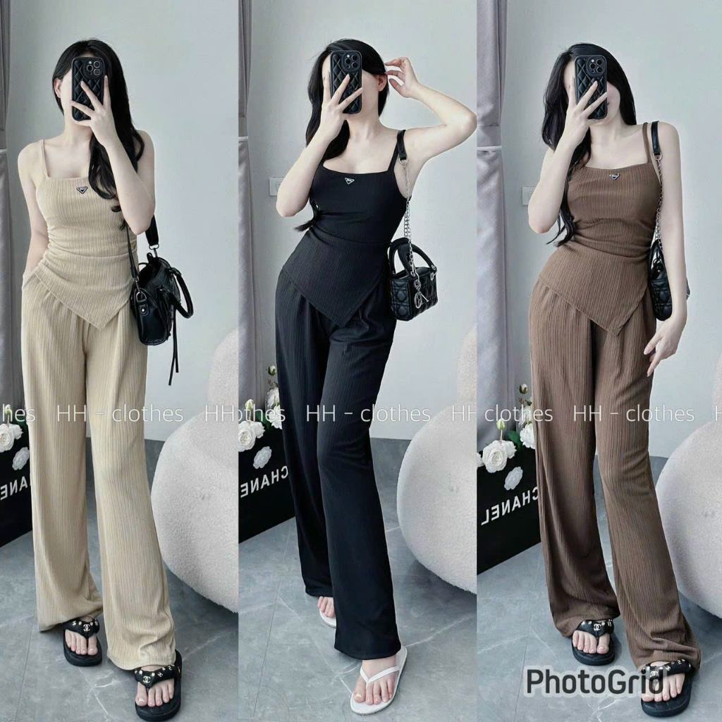 Sét bộ thun gân áo 2 dây chéo tà mix quần ống rộng,đồ bộ nữ đẹp lên from tôn dáng mặc nhà dạo phố đều xinh