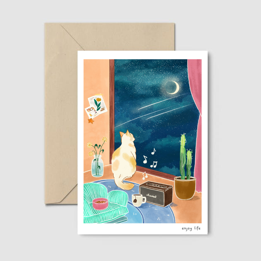 Thiệp chú mèo "enjoy life" - Thiệp mèo dễ thương - Inside the mind of a cat Collection