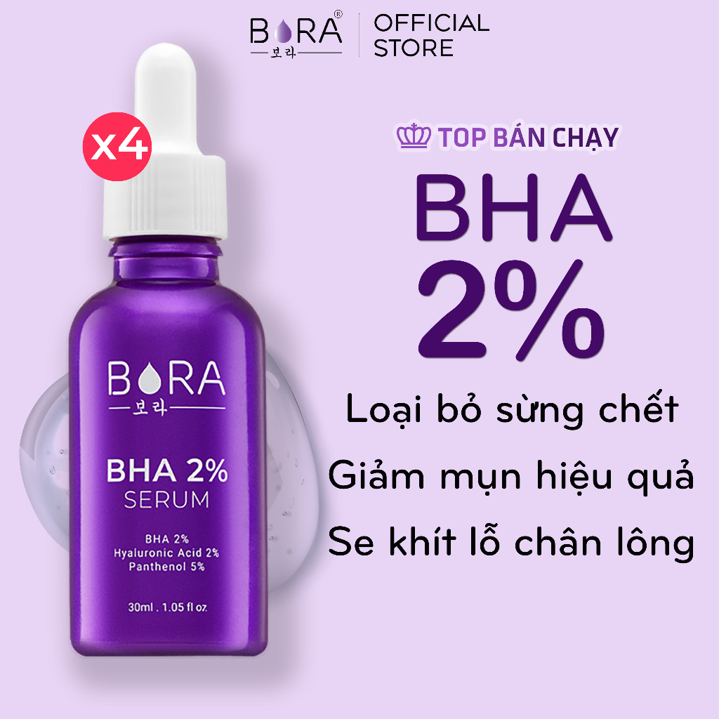 COMBO 4 Serum Ngừa Mụn Dưỡng Ẩm Trắng Da Se Khít Lỗ Chân Lông BORA BHA 2% Lọ 30ml