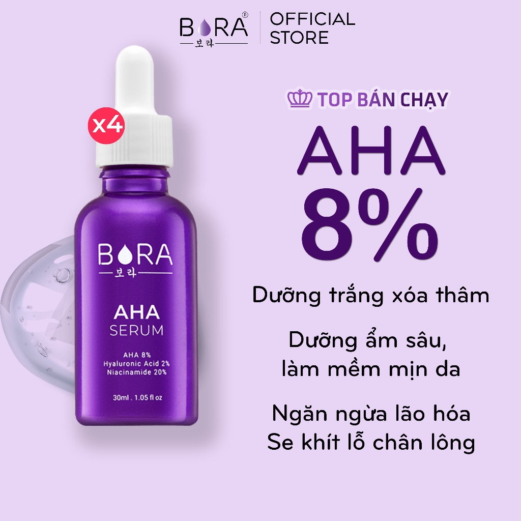 COMBO 4 Tinh Chất Serum Ngăn Ngừa Mụn Dưỡng Ẩm Cho Da BORA AHA 8% Lọ 30ml