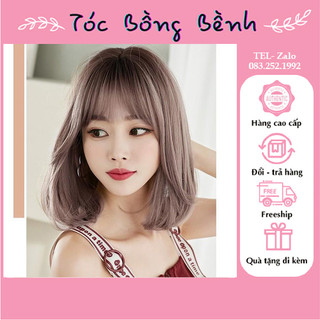 Tóc giả nữ nguyên đầu CAO CẤP nâu hồng, tóc ngang vai, cụp đuôi, mái thưa giống tóc thật Tocbongbenh