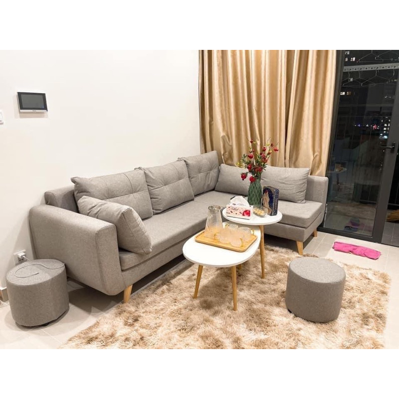 Ghế sofa đôn rời tạo góc L và 2 đôn bọc da bọc nỉ