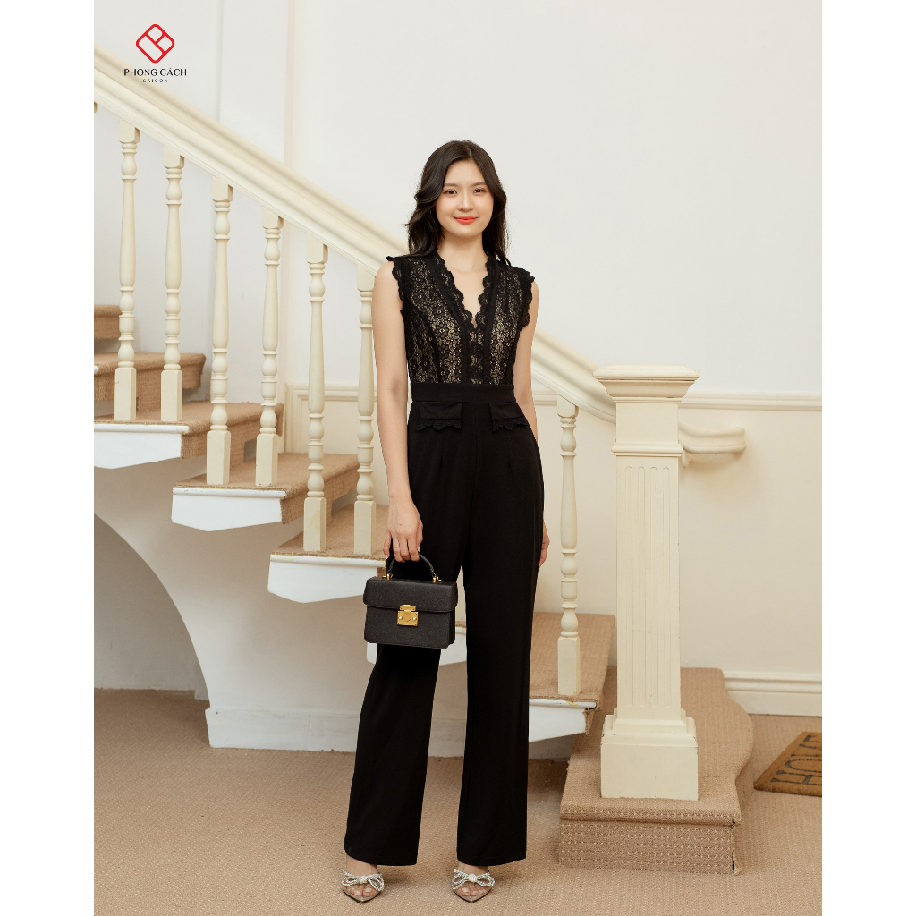 Jumpsuit phối ren sát nách cổ V sang trọng SJ1221 - Phong Cách SAIGON