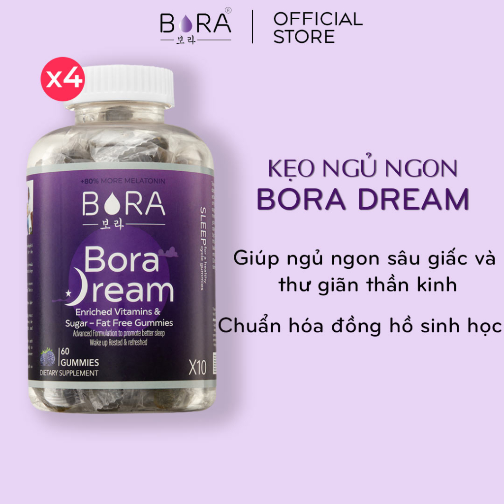 COMBO 4 Kẹo Ngủ Ngon Giấc BORA DREAM Hỗ Trợ Mất Ngủ Điều Hòa Đồng Hồ Sinh Học Hủ 60 viên