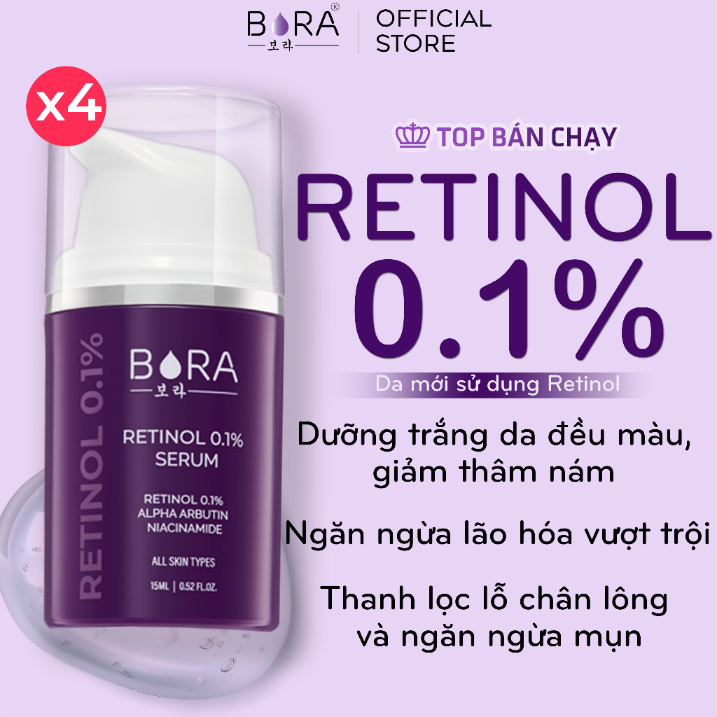 COMBO 4 Serum Retinol BORA 0.1% Dưỡng Trắng Da Ngừa Lão Hóa Mờ Nếp Nhăn Da Săn Chắc Chai 15ml