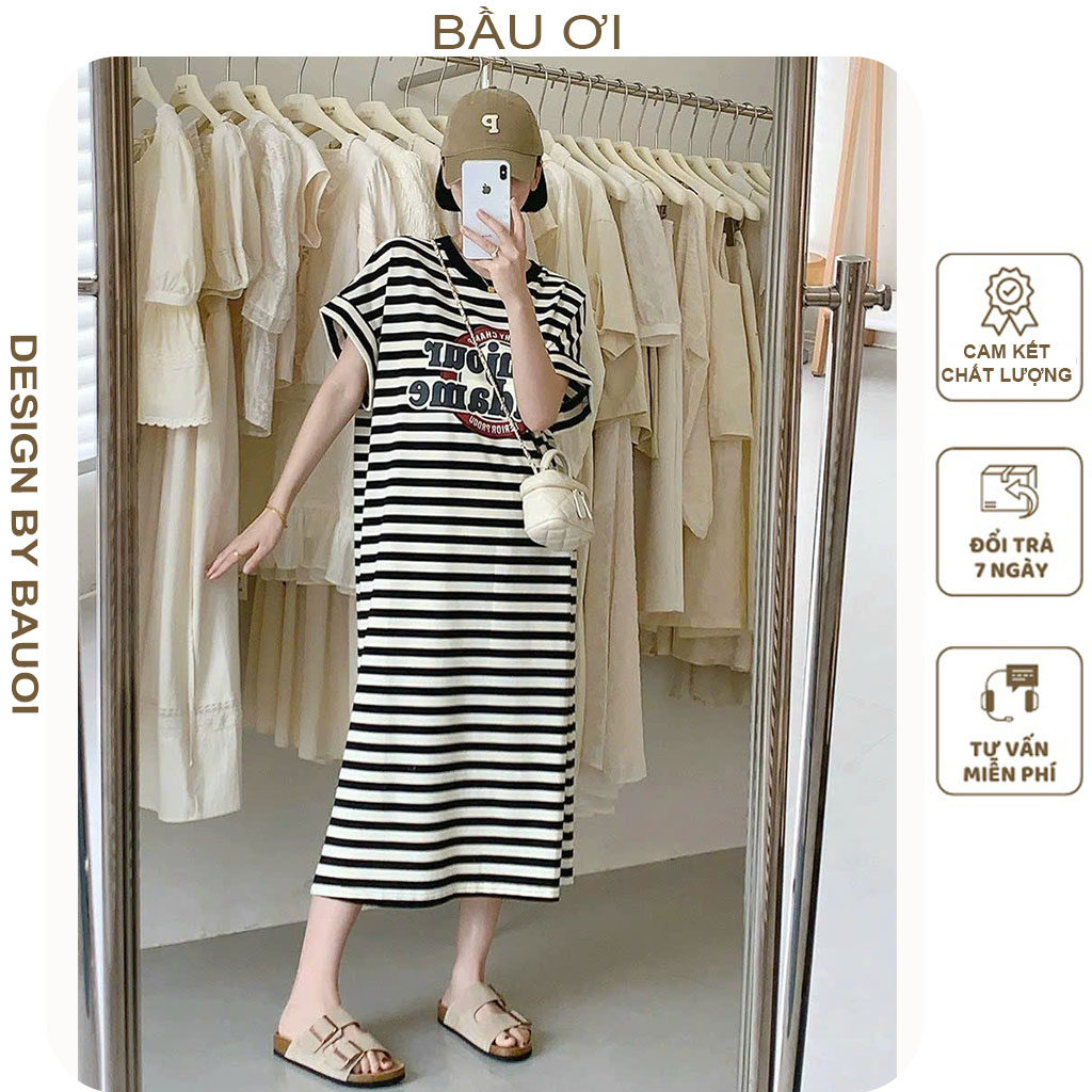 ĐẦM VÁY BẦU CÔNG SỞ MÙA HÈ KẺ SỌC CHẤT THUN COTTON MỀM MÁT - ĐẦM BẦU ĐẸP DÁNG SUÔNG DÀI BIGSIZE