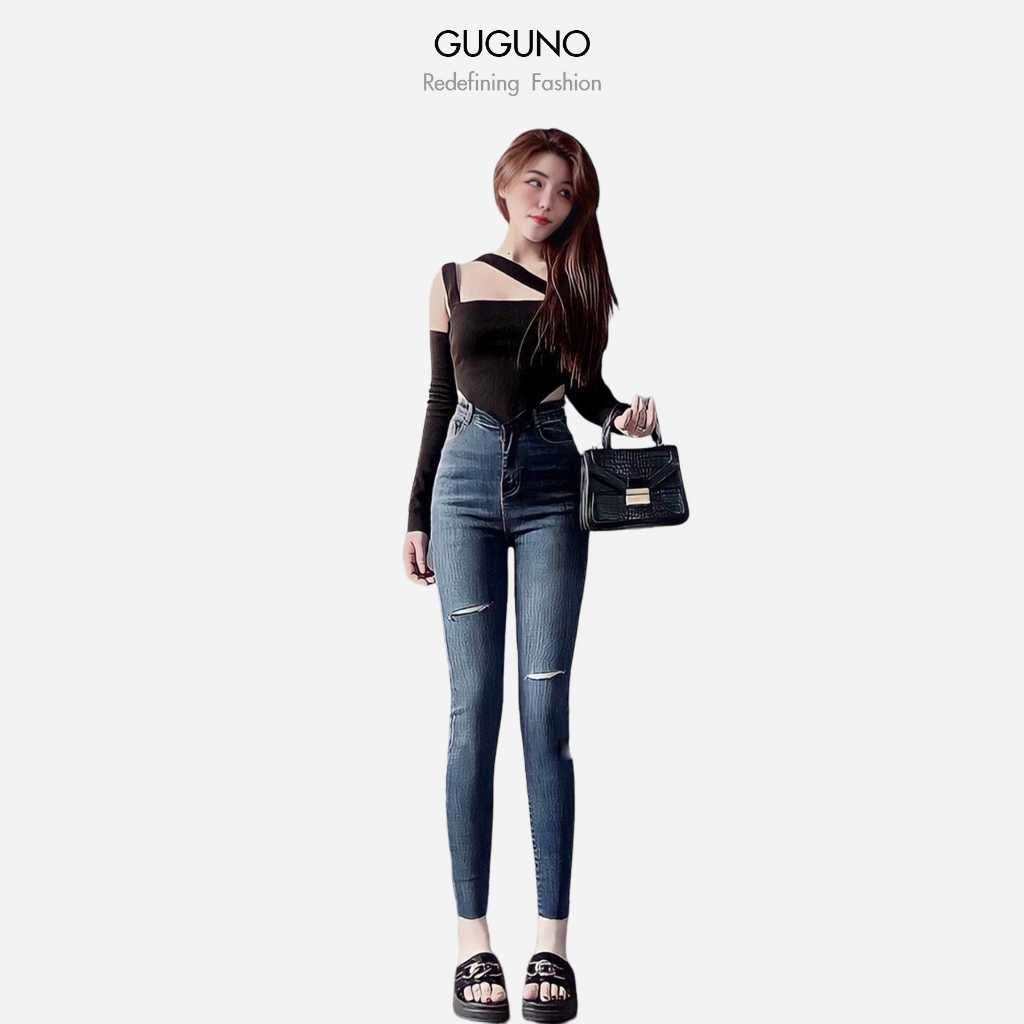 Quần jean skinny nữ dáng ôm lưng siêu cao trơn basic GUGUNO