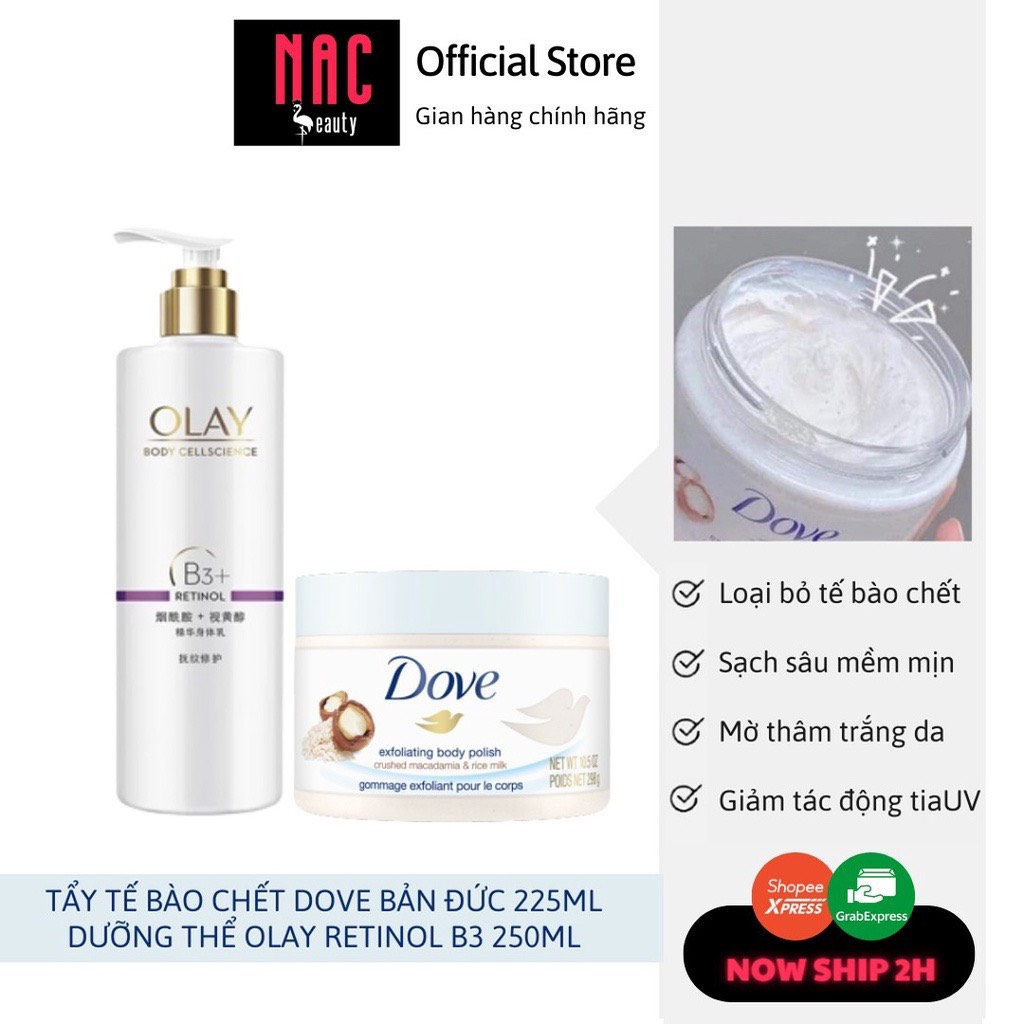 Dưỡng thể trắng da mờ thâm Olay retinol B3 nội địa Trung + Tẩy da chết Dove Macca Đức 225ml - nac beauty