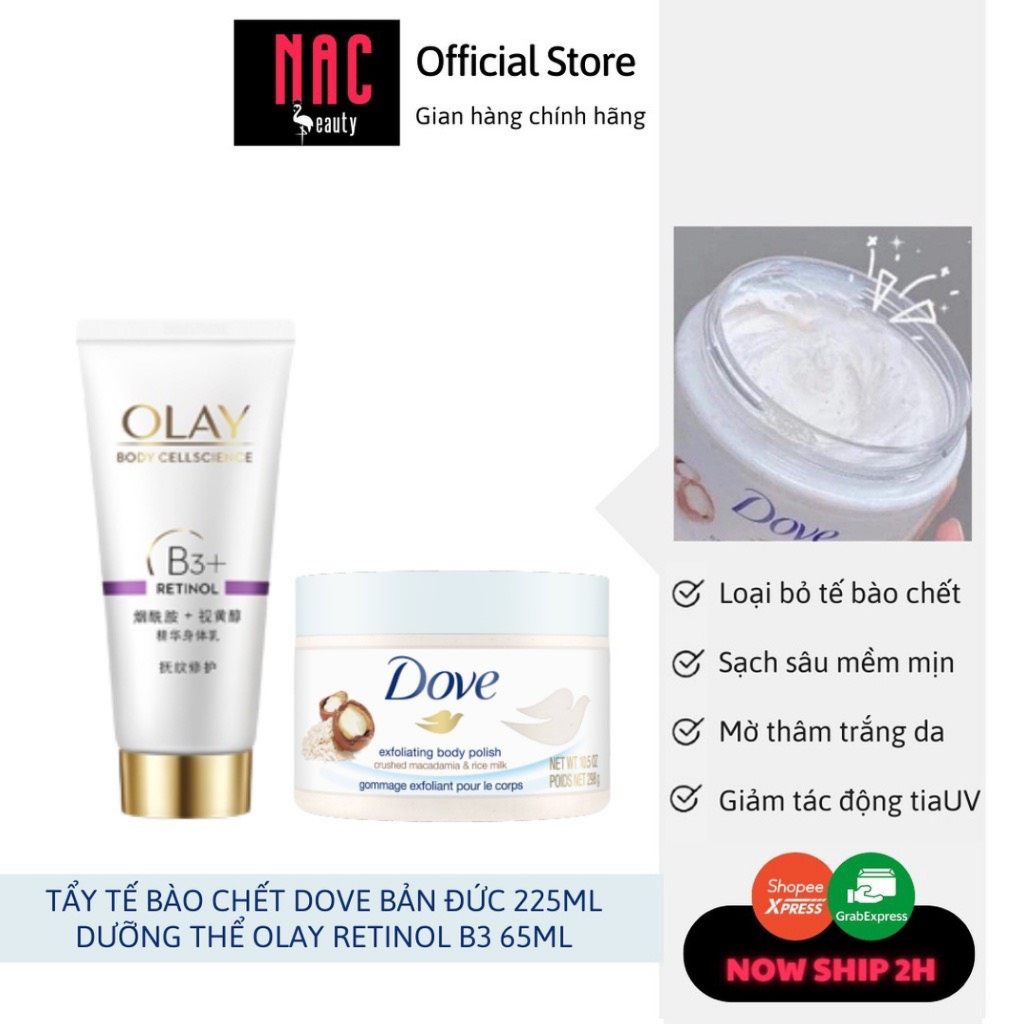 Dưỡng thể trắng da Olay retinol B3 + Tẩy da chết toàn thân Dove macca bản Đức 225ml - Combo trắng da