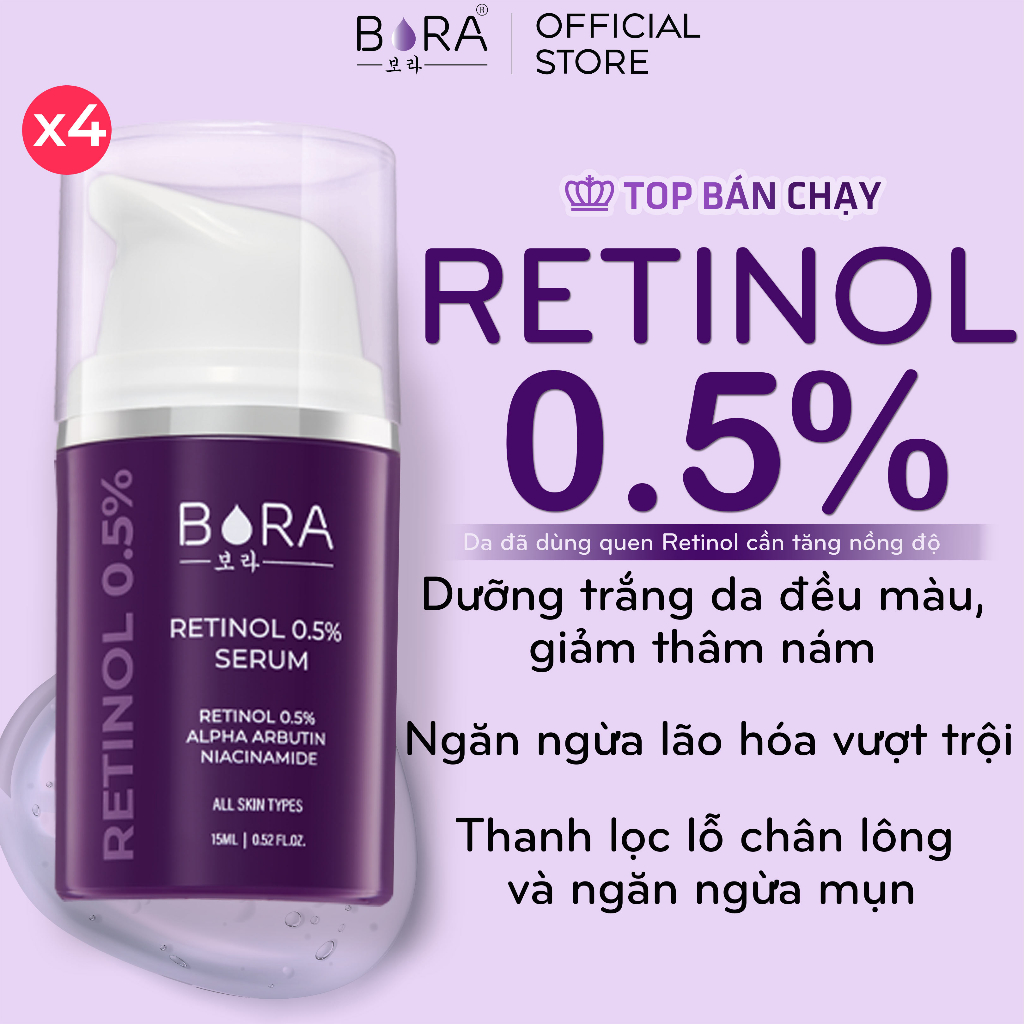 COMBO 4 Serum Retinol BORA 0.5% Dưỡng Trắng Da Ngừa Lão Hóa Mờ Nếp Nhăn Da Săn Chắc Chai 15ml