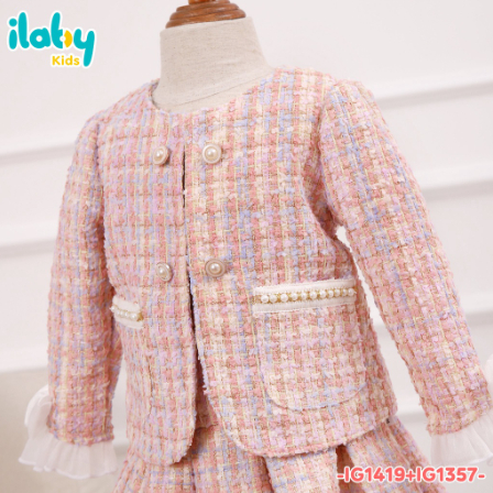 Áo khoác tweed bé gái ILABY phối cúc ngực chất liệu dạ cao cấp