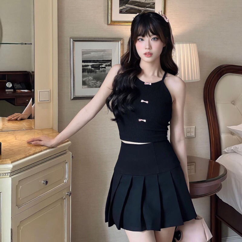 Set Áo Cổ Yếm Len Vặn Thừng Đính Nơ Hồng Mix Chân Váy Tennis Xếp Li Xoè Màu Đen Blackpink