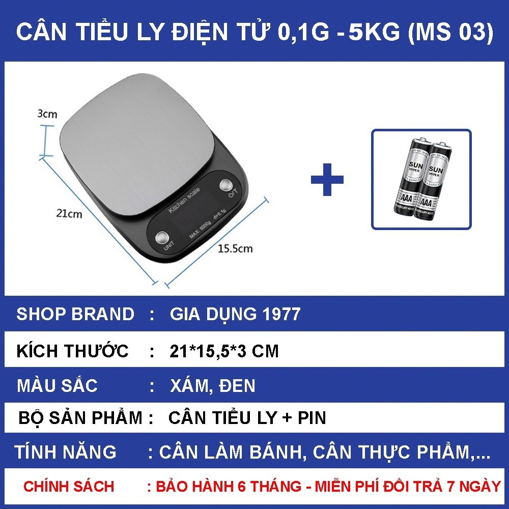 Cân Tiểu ly 7Days Smile Mini Định Lượng 3kg - 5kg - 10kg Tặng kèm 2 viên pin AAA CTL03
