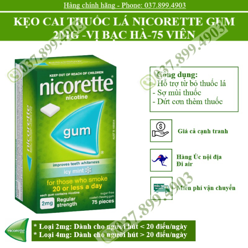 KẸO CAI THUỐ.C LÁ NICORETTE GUM 2MG VỊ BẠC HÀ 75 VIÊN