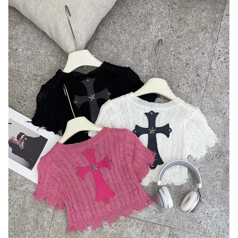 ÁO LEN CỘC TAY RÁCH GẤU T H O M CHỮ THẬP 3 MÀU.