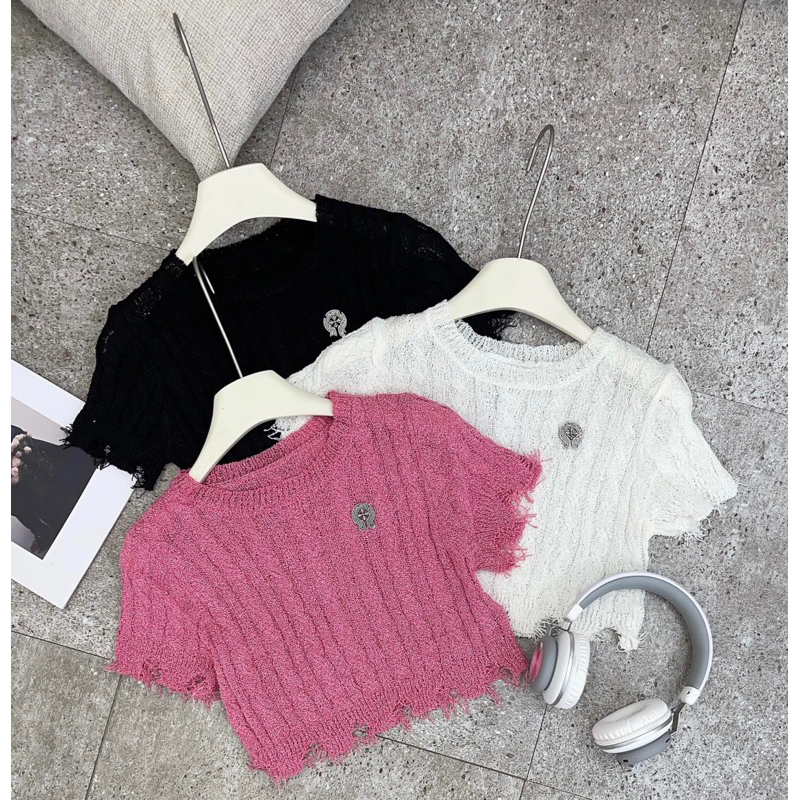 ÁO LEN CỘC TAY RÁCH GẤU T H O M CHỮ THẬP 3 MÀU.