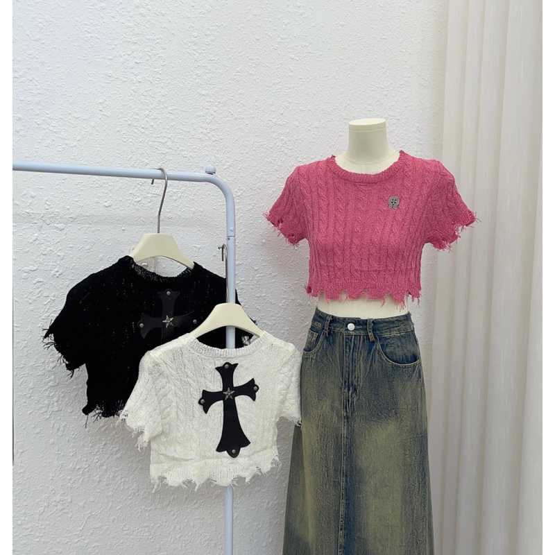 ÁO LEN CỘC TAY RÁCH GẤU T H O M CHỮ THẬP 3 MÀU.