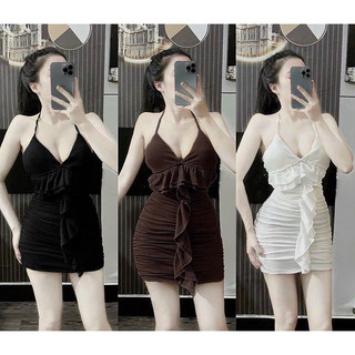 Đầm body hai dây cổ yếm dáng ngắn phối bèo, váy hai dây ôm body sexy có sẵn mút ngực