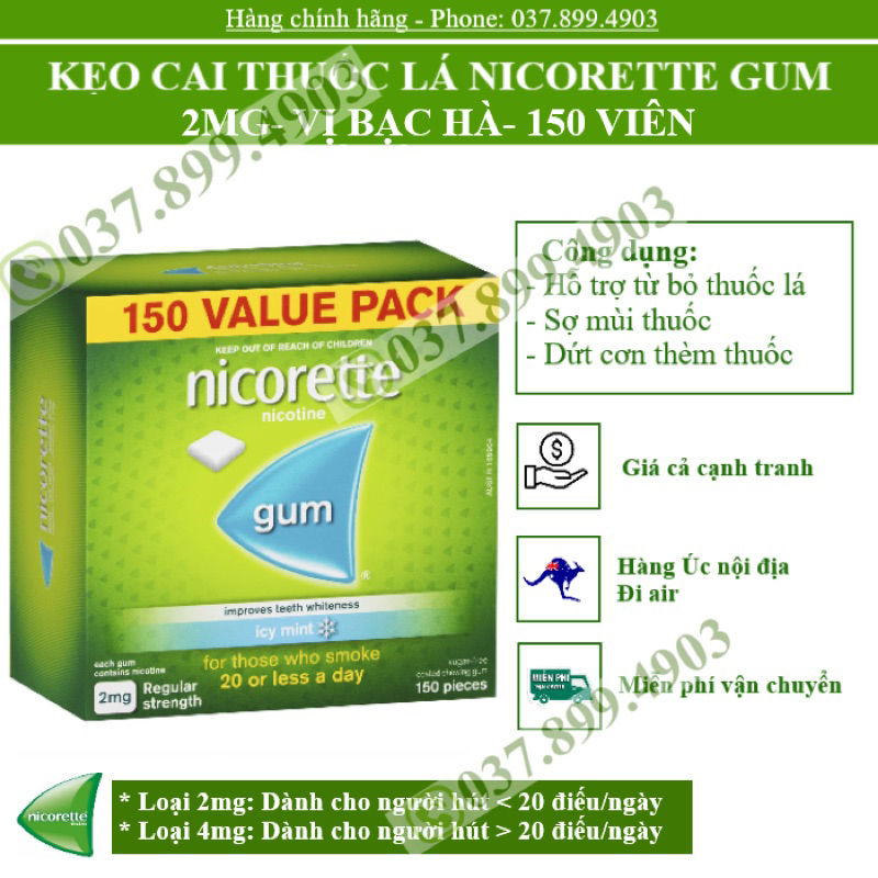 KẸO CAI THUỐ.C LÁ NICORETTE GUM 4MG -2MG CÁC LOẠI