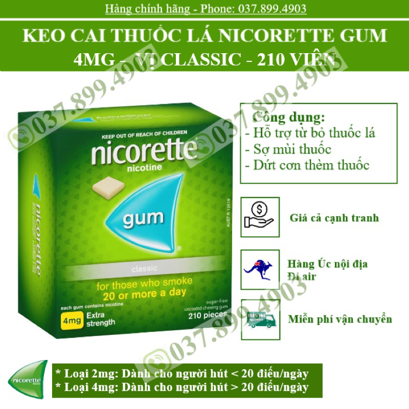 KẸO CAI THUỐ.C LÁ NICORETTE GUM 4MG -2MG CÁC LOẠI