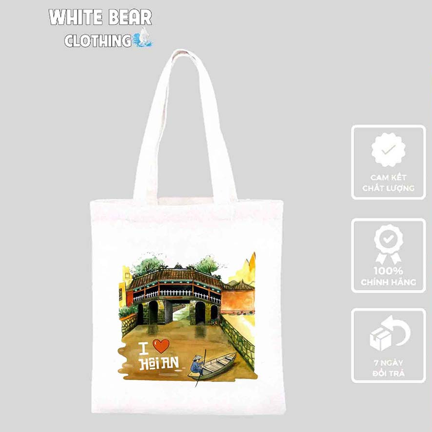 Túi vải White Bear in hình Hội An có khóa kéo