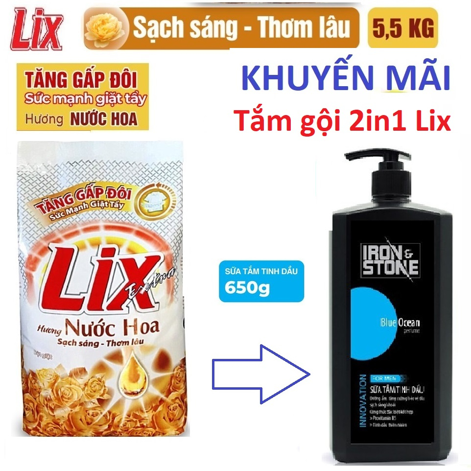Bột giặt Lix Extra hương nước hoa 5.5Kg tăng gấp đôi sức mạnh giặt tẩy