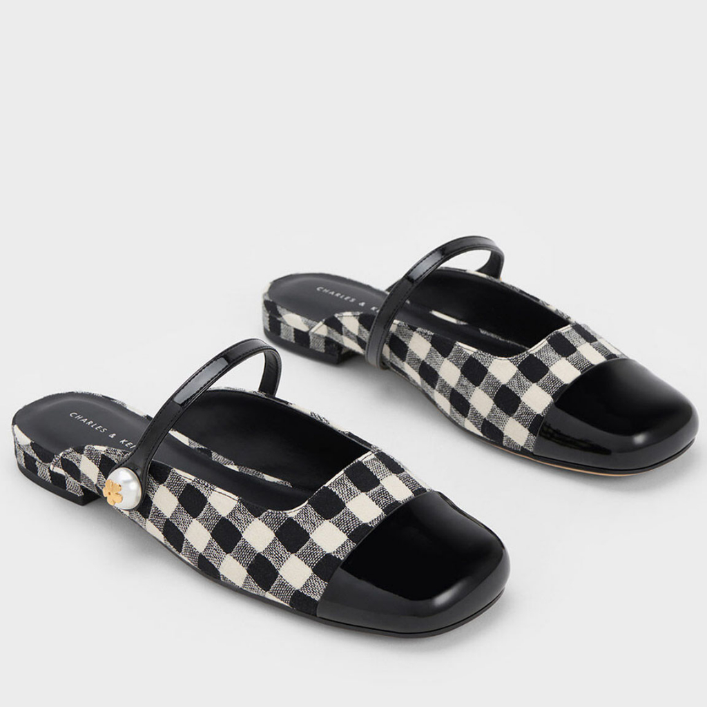Sục Bệt Giày mules mũi vuông quai ngang khuy ngọc bông hoa Pearl Embellished Gingham Flat Ailee SUC - 019