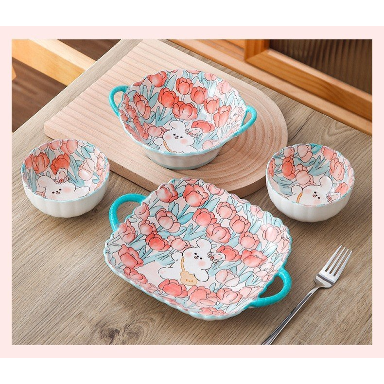 Bát ăn cơm,dĩa sứ, tô ăn cơm hoạ tiết gấu hoa tulip xanh dễ thương bắt mắt. Hàng có sẵn.