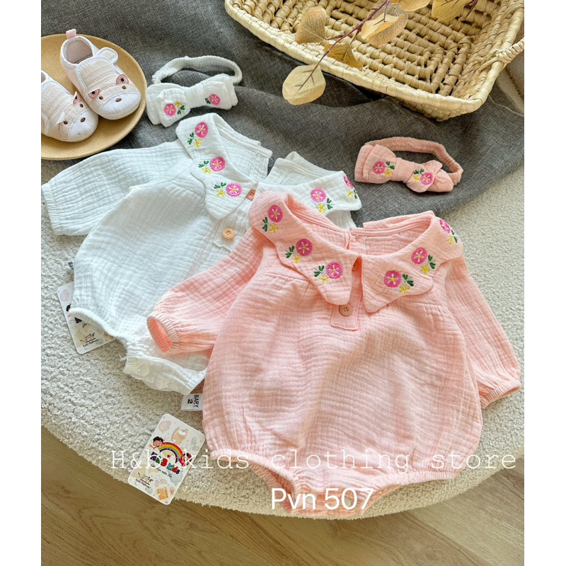 Body dài tay cổ bèo Bé Gái  xô Muslin mềm mại 3-15kg