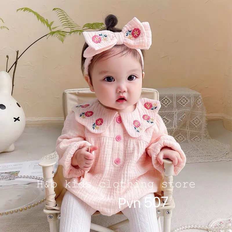 Body dài tay cổ bèo Bé Gái  xô Muslin mềm mại 3-15kg
