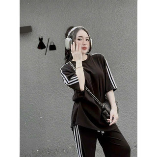 Set bộ nữ áo thun from rộng sọc đen mix quần dài ống rộng sọc ba sọc cá tính và năng động