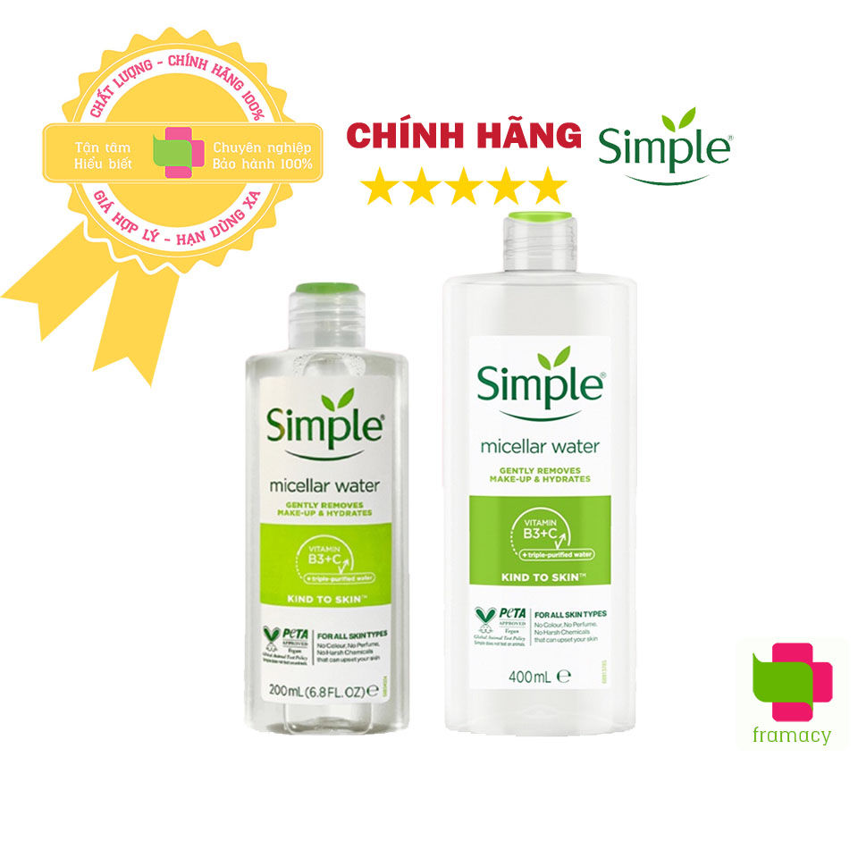 Nước tẩy trang Simple Micellar Cleansing Water, Anh Quốc (200ml/400ml) làm sạch trang điểm và cấp ẩm vượt trội