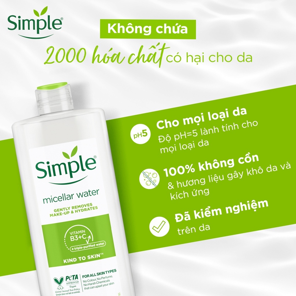 Nước tẩy trang Simple Micellar Cleansing Water, Anh Quốc (200ml/400ml) làm sạch trang điểm và cấp ẩm vượt trội